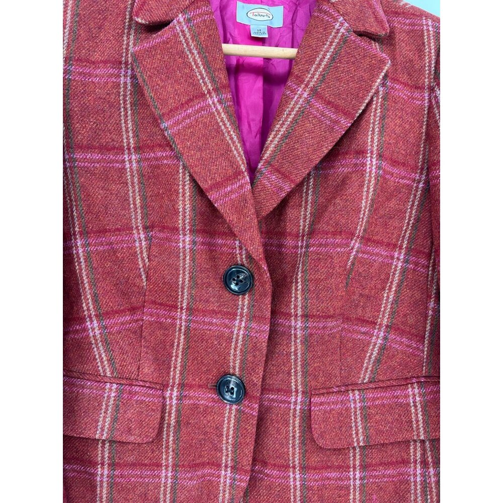 Talbots Womens 12 100% Wool Blazer Rust Orange Pink Plaid Peplum Back Academia - Picture 2 of 10